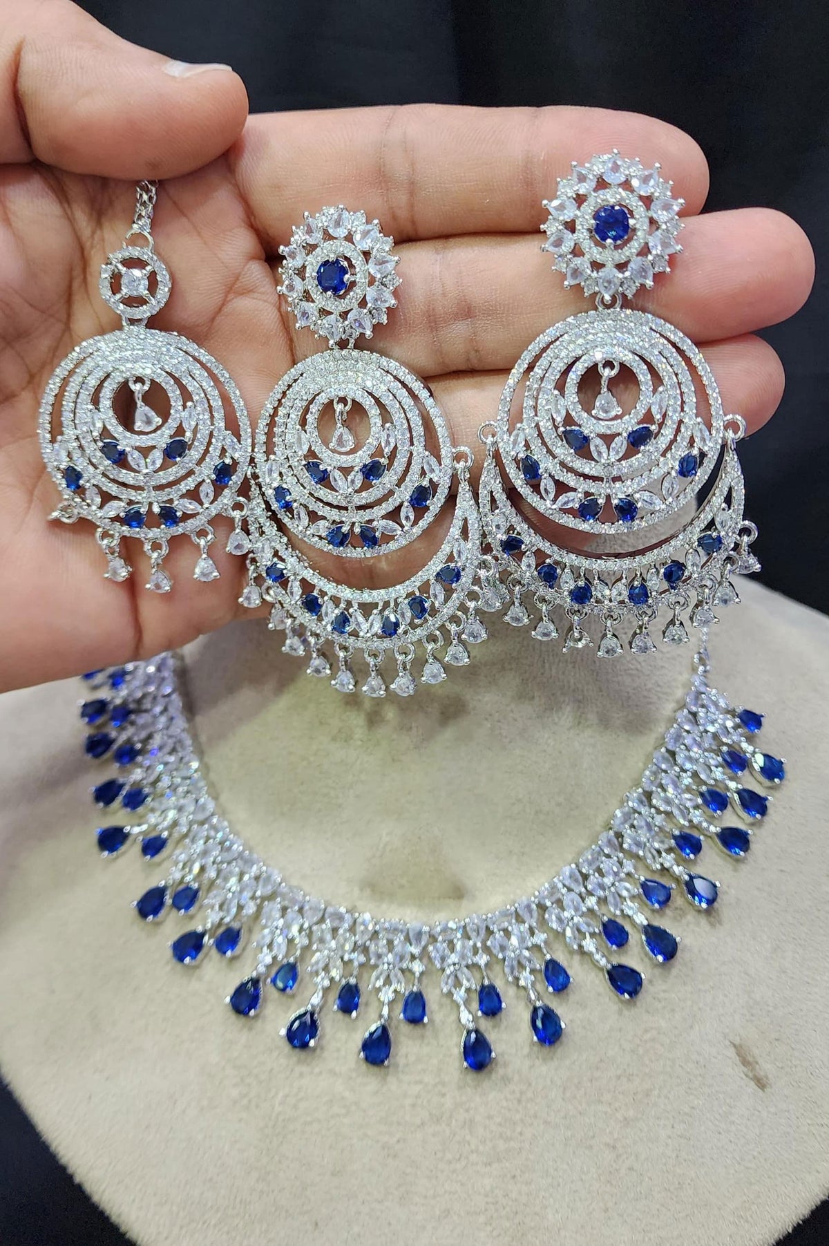 Pakistani Jewelry Inspired CZ Necklace Earrings Set with Maangtika AD Design for Engagement