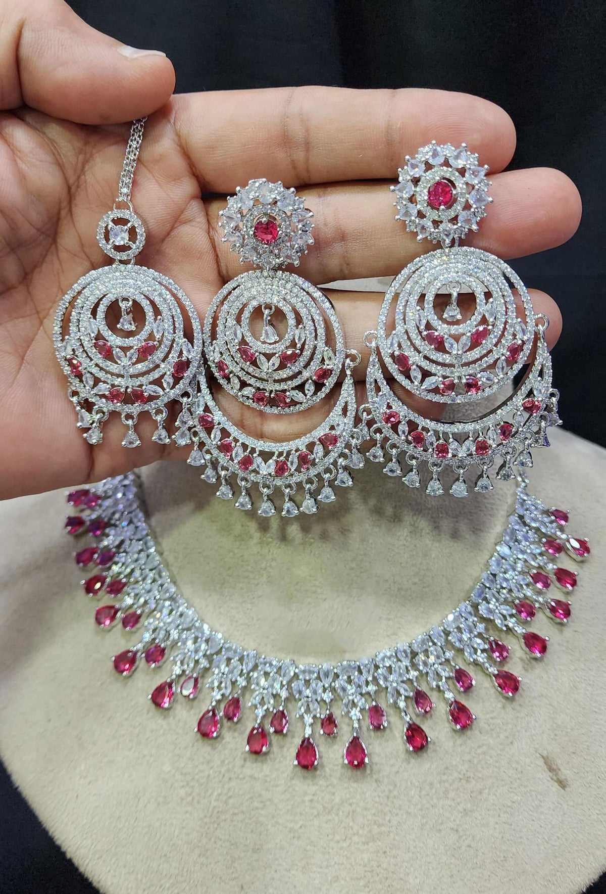 Pakistani Jewelry Inspired CZ Necklace Earrings Set with Maangtika AD Design for Engagement