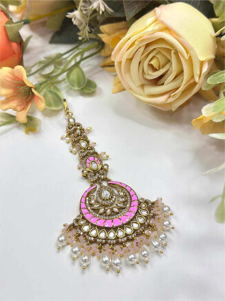 Elegant Green Kundan Maang Tikka with Pearl Drops | Indian Bridal Jewelry
