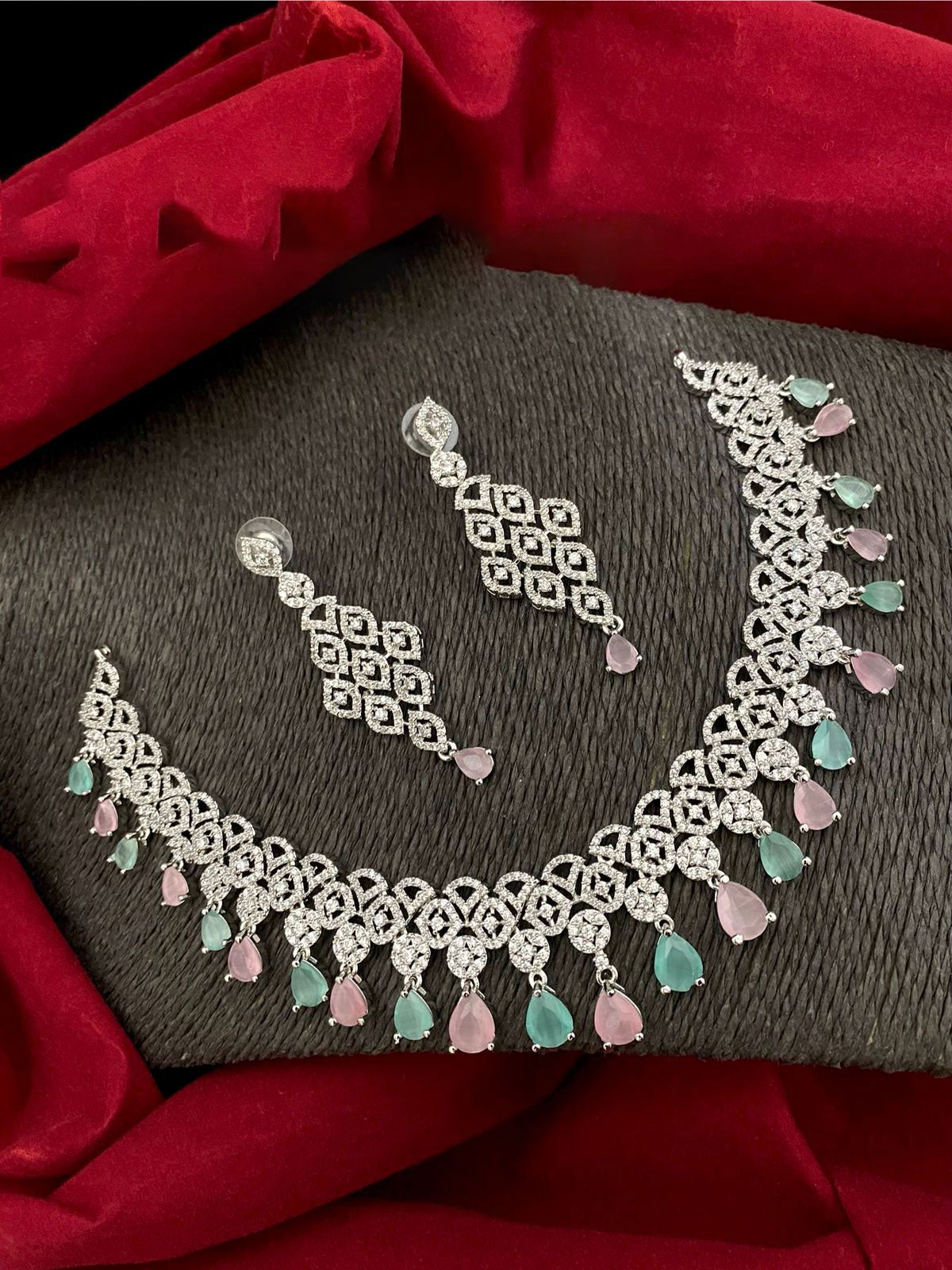 Glamorous AD Necklace Set with CZ Stones for Bridal Wedding Indian and Pakistani Jewelry