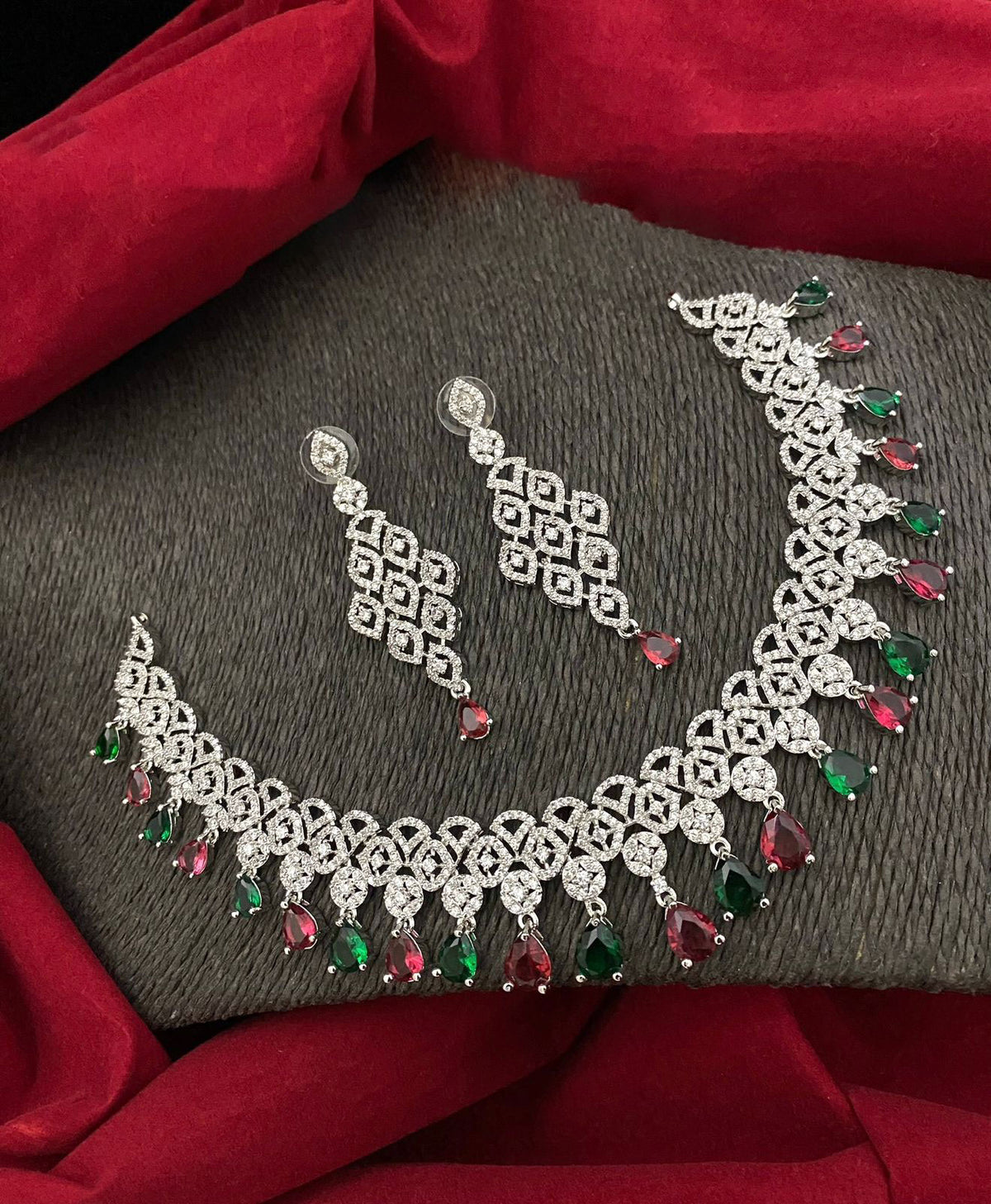 Glamorous AD Necklace Set with CZ Stones for Bridal Wedding Indian and Pakistani Jewelry