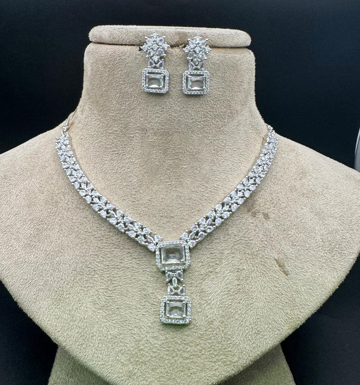 Beautiful AD Choker Set with American Diamond and Silver Finish for Indian Wedding Jewelry