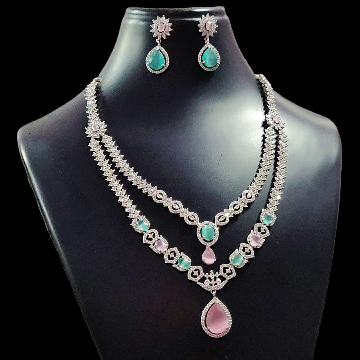 Elegant AD Necklace Set for Indian Wedding and Bridal Occasions with Stunning Silver Finish