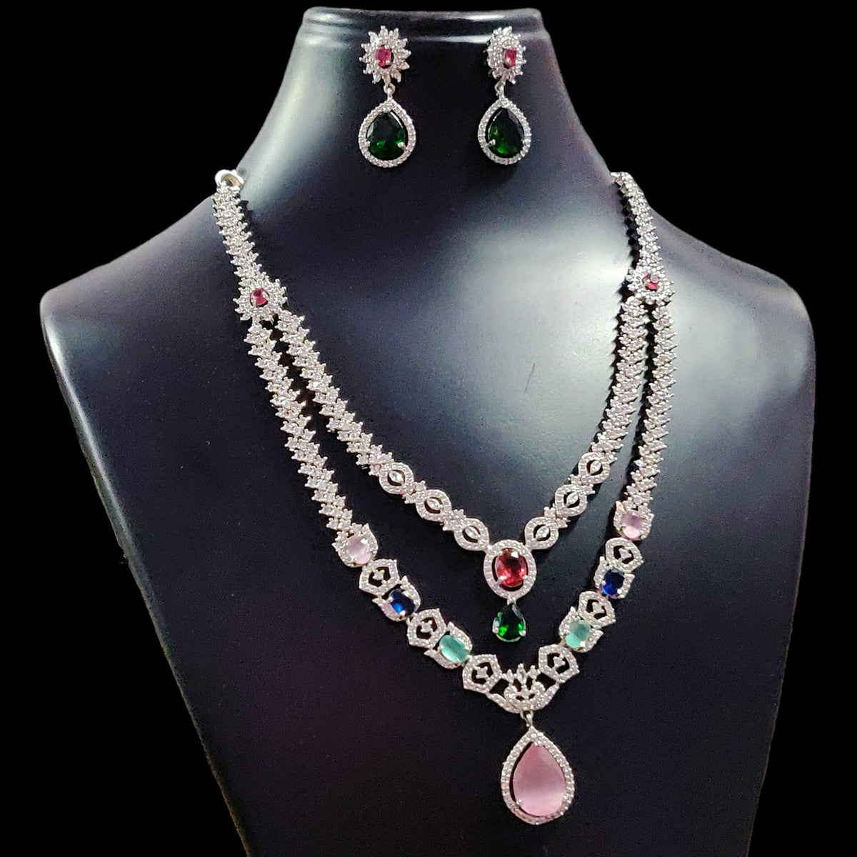 Elegant AD Necklace Set for Indian Wedding and Bridal Occasions with Stunning Silver Finish