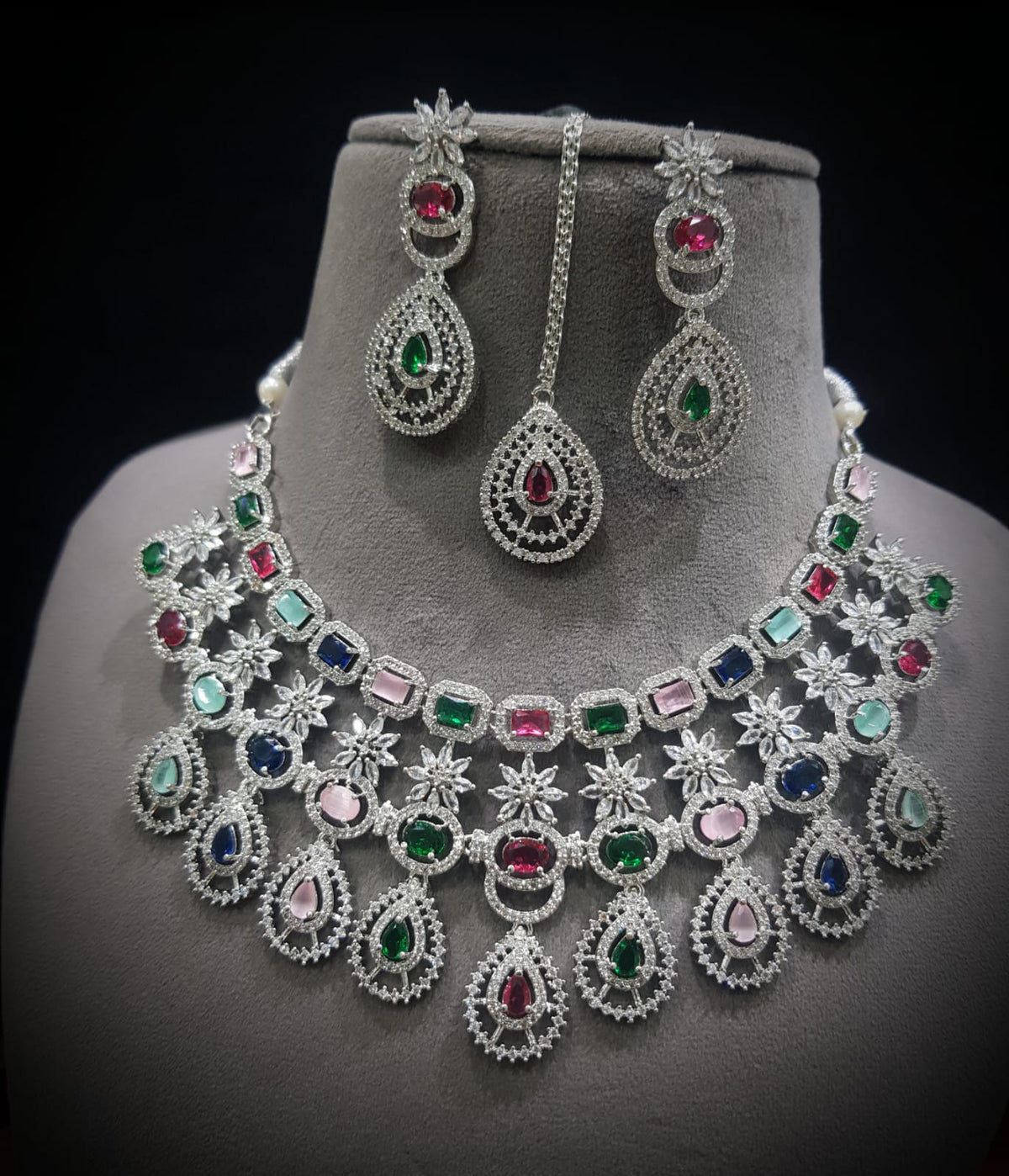 Stunning CZ Necklace Set with Maangtika American Diamond AD Design Perfect for Weddings and Engagements