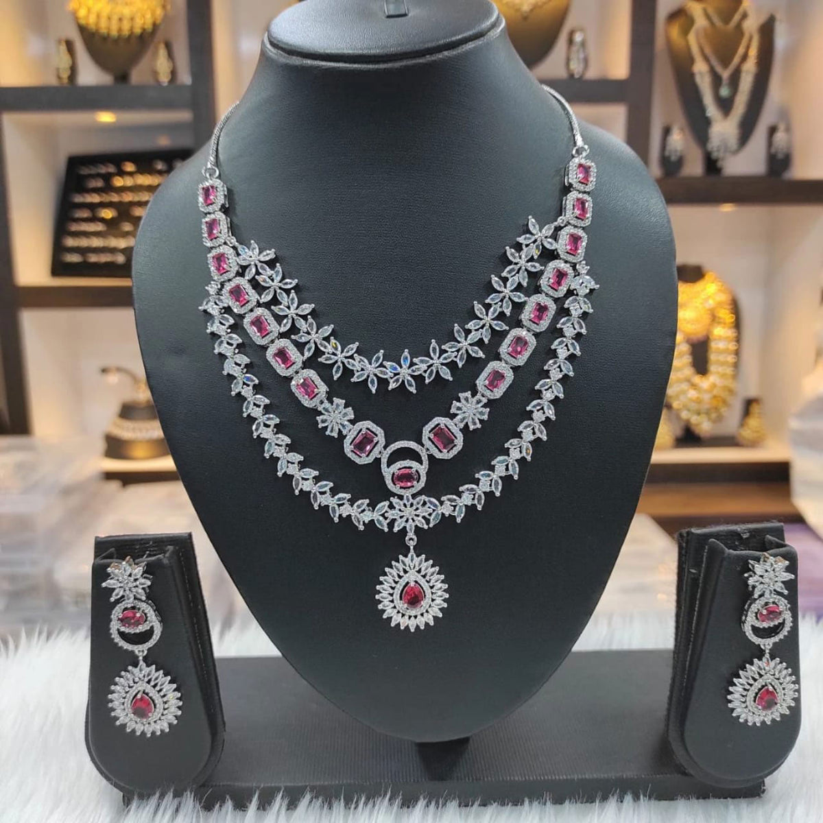 Beautiful American Diamond AD Choker Set with Silver Finish Ideal for Pakistani Wedding Jewelry