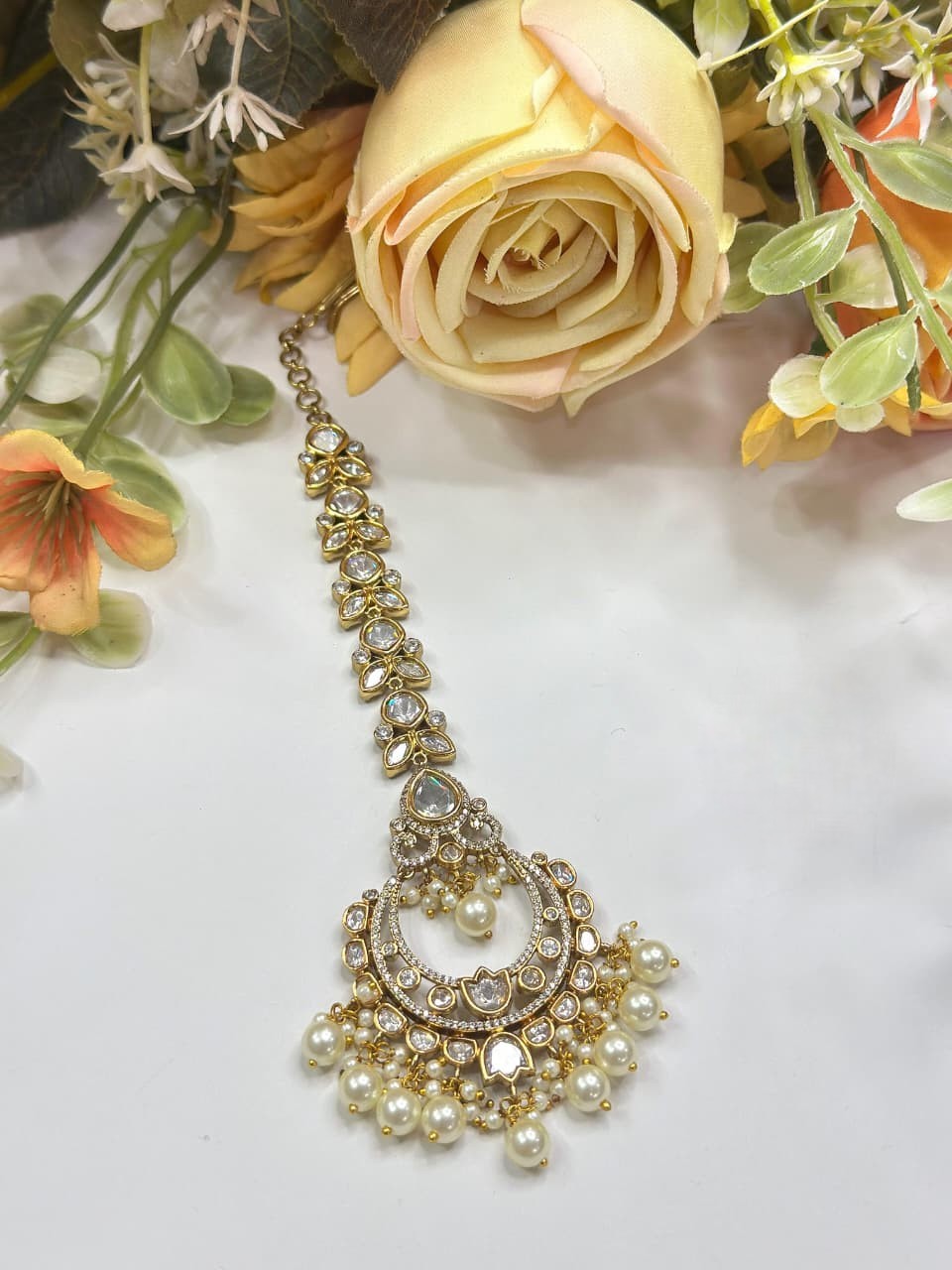 Classic Kundan Maang Tikka with Pearl Beads | Traditional Indian Bridal Jewelry