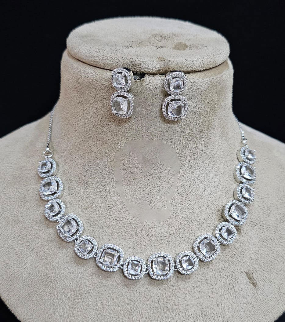 Bollywood Inspired AD Necklace Set with CZ Stones for Indian Wedding Engagement and Bridal Wear