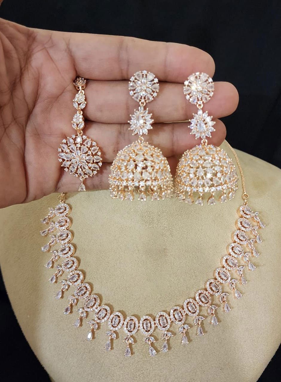 Pakistani Jewelry AD Choker Necklace Earrings Set with Maangtika CZ Stones Ideal for Bridal Weddings