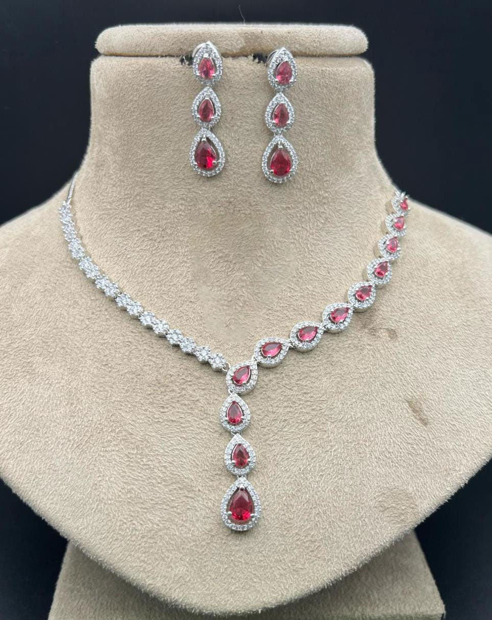 Pakistani Jewelry Inspired American Diamond Necklace Set for Engagement and Wedding Ceremonies