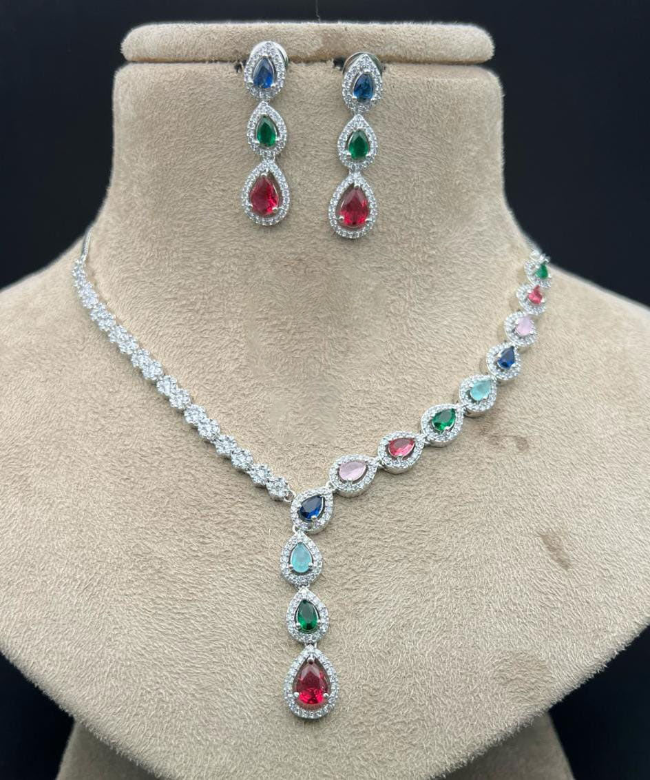 Pakistani Jewelry Inspired American Diamond Necklace Set for Engagement and Wedding Ceremonies