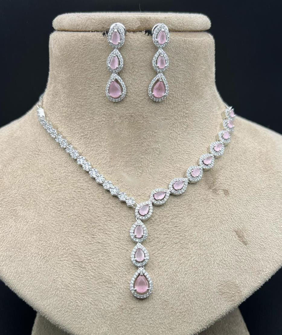 Pakistani Jewelry Inspired American Diamond Necklace Set for Engagement and Wedding Ceremonies