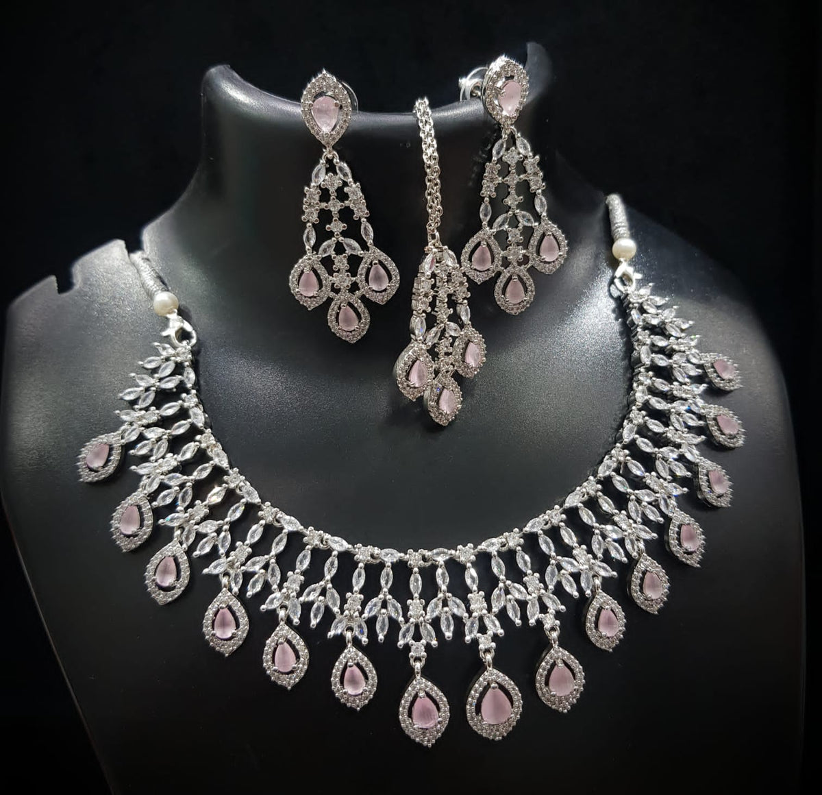 Gorgeous AD Choker Necklace with Maangtika Set CZ Stones for Engagement Bridal Pakistani Wedding Looks