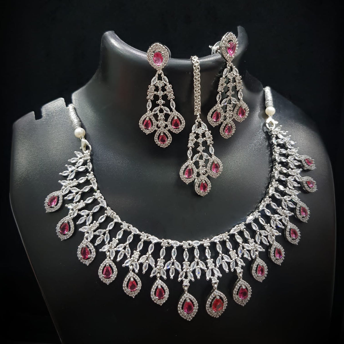 Gorgeous AD Choker Necklace with Maangtika Set CZ Stones for Engagement Bridal Pakistani Wedding Looks