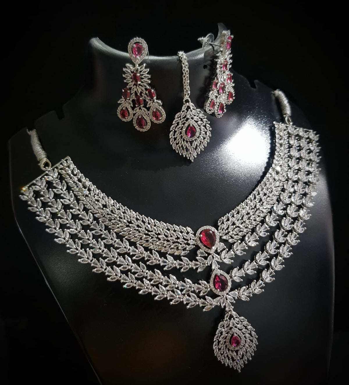 Elegant American Diamond Necklace With Earrings and Maangtika Set with Silver Finish Ideal for Bridal