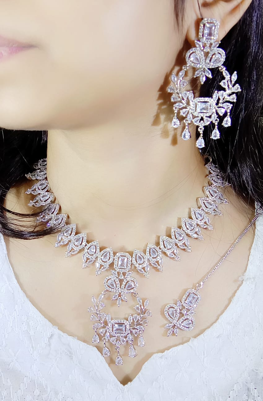 Pakistani Jewelry AD ChokerNecklace with Earrings and Maangtika Set American Diamond Perfect for Wedding and Bridal Occasions