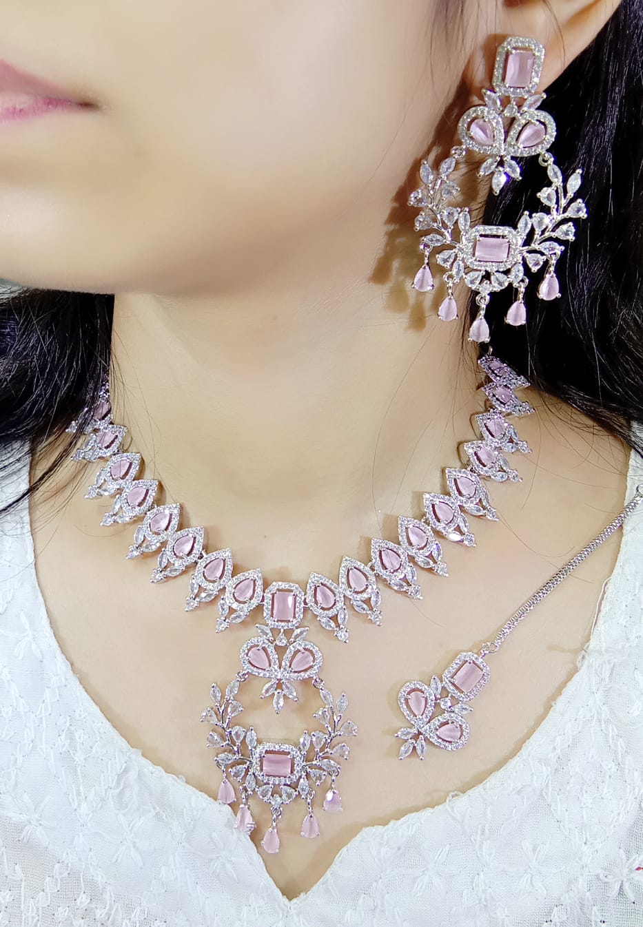 Pakistani Jewelry AD ChokerNecklace with Earrings and Maangtika Set American Diamond Perfect for Wedding and Bridal Occasions