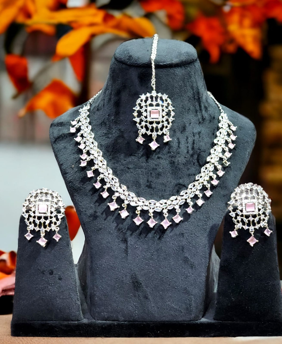 Beautiful AD Necklace Earrings Set with Maangtika premium Silver Finish for Bridal Weddings Jewelry