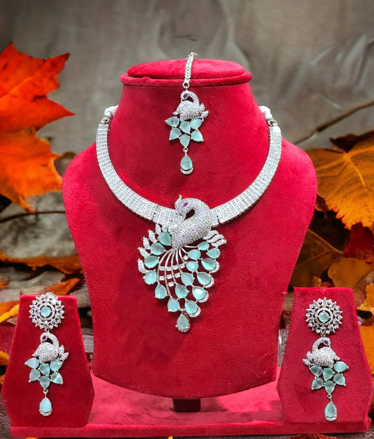 Gorgeous AD Choker Necklace Earrings Set with Maangtika CZ Stones for Engagement Weddings Looks for women