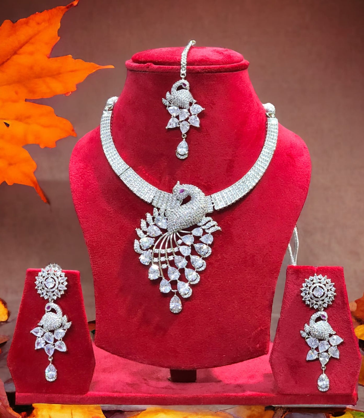 Gorgeous AD Choker Necklace Earrings Set with Maangtika CZ Stones for Engagement Weddings Looks for women