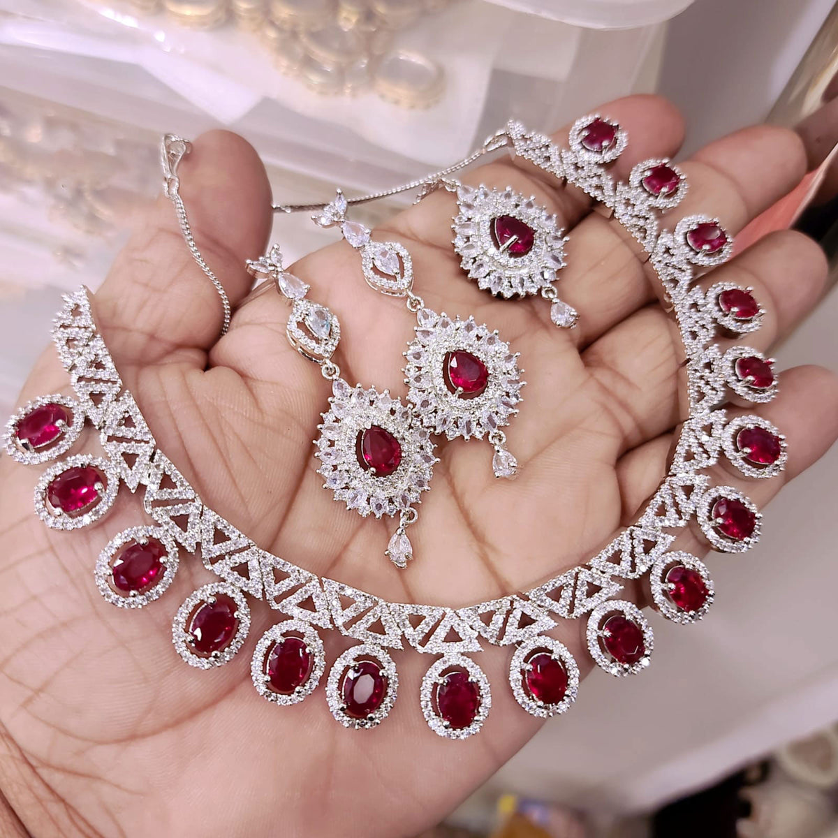 Pakistani AD Choker Necklace Eareings Set with Maangtika American Diamond for Wedding Occasions