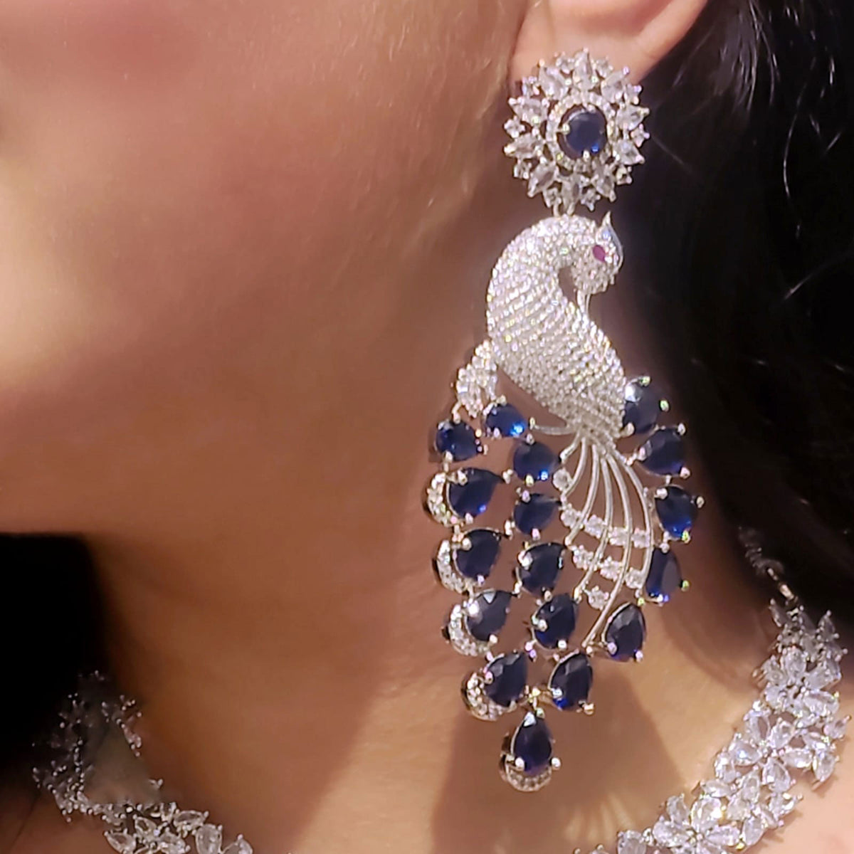 Indian Peacock-Inspired Earrings with Teardrop Gemstones Deep Blue color kundan for women