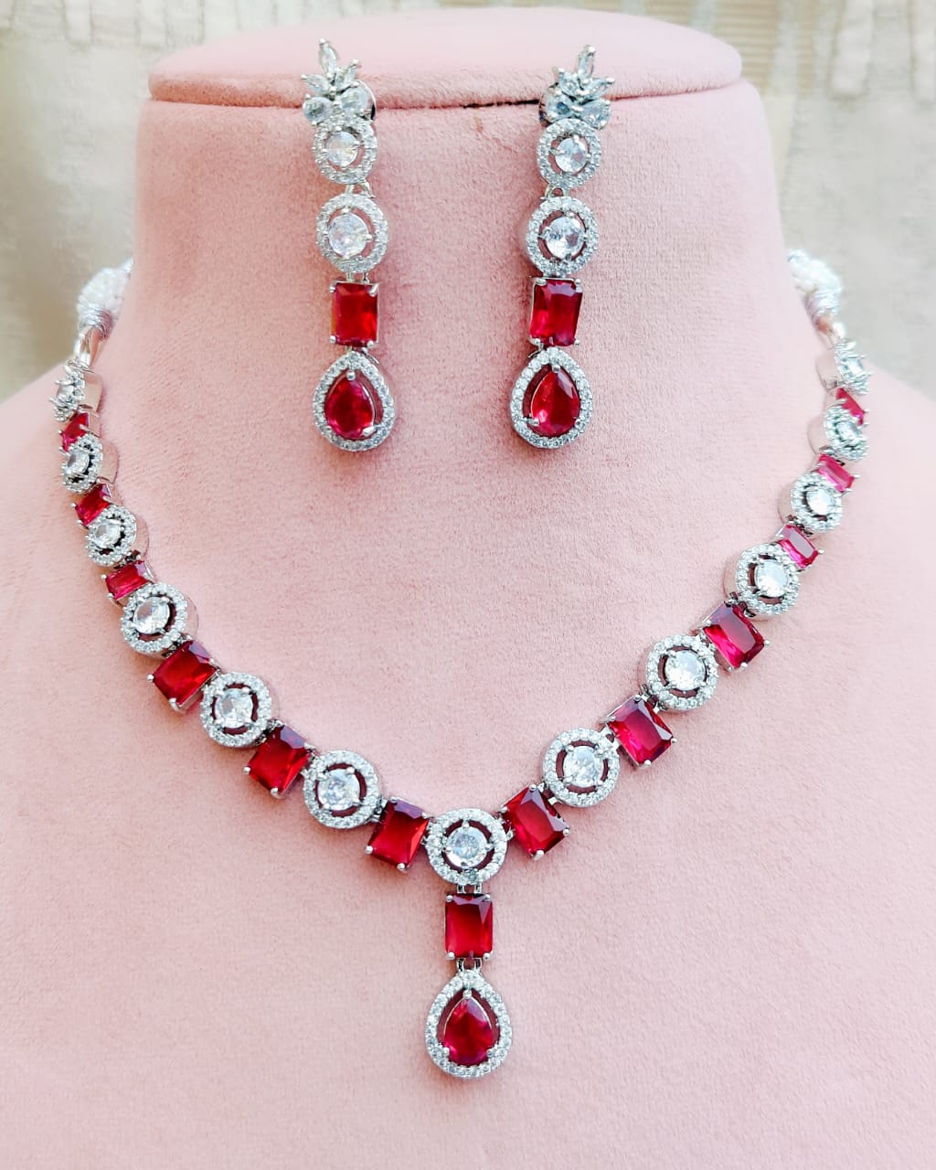 Bollywood Inspired AD Necklace Set with Silver Finish for Wedding and Engagement Jewelry