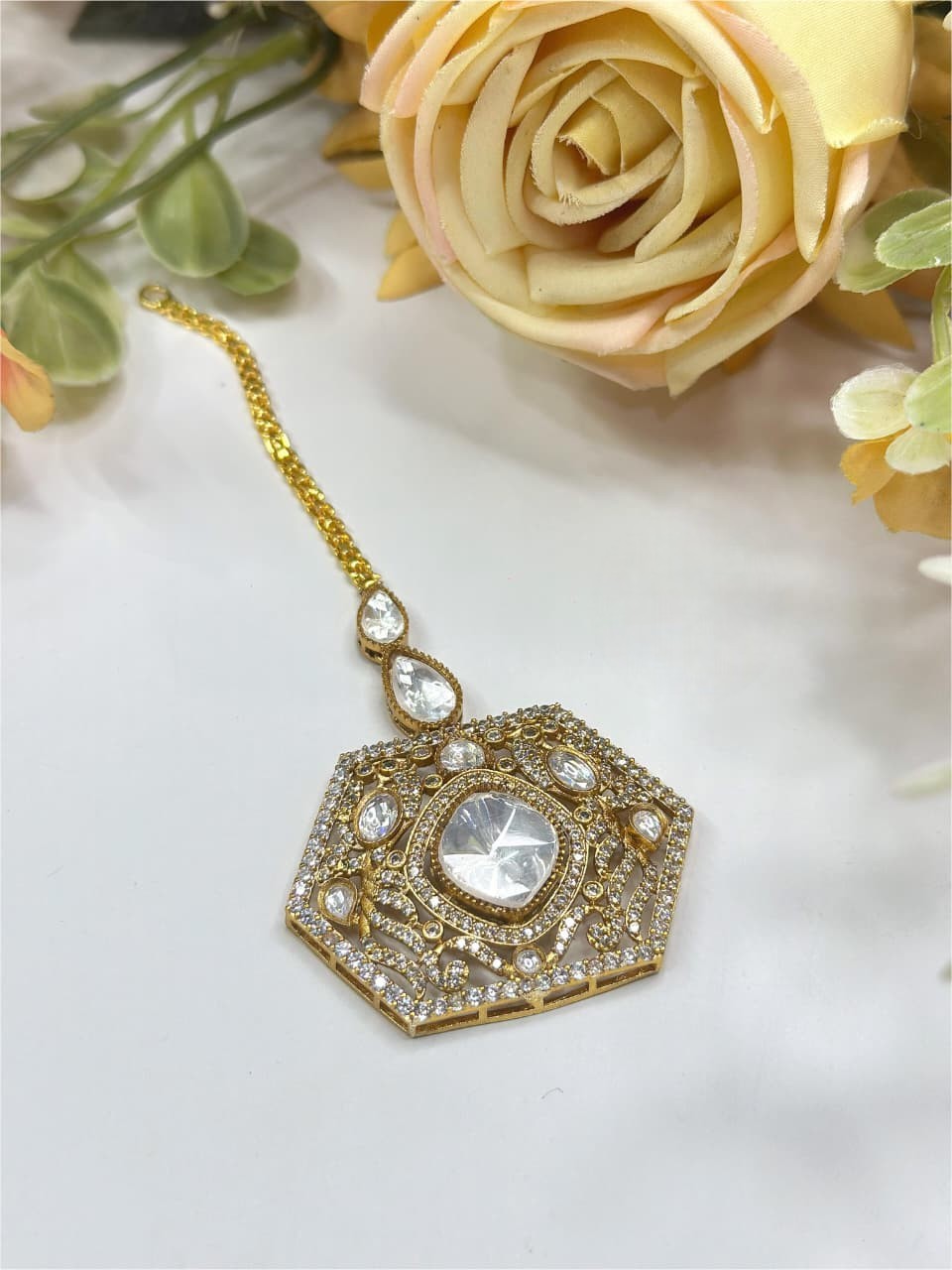 Luxury Gold-Plated Kundan Maang Tikka with Hexagonal Design & Polki Stones