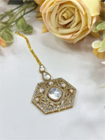Luxury Gold-Plated Kundan Maang Tikka with Hexagonal Design & Polki Stones