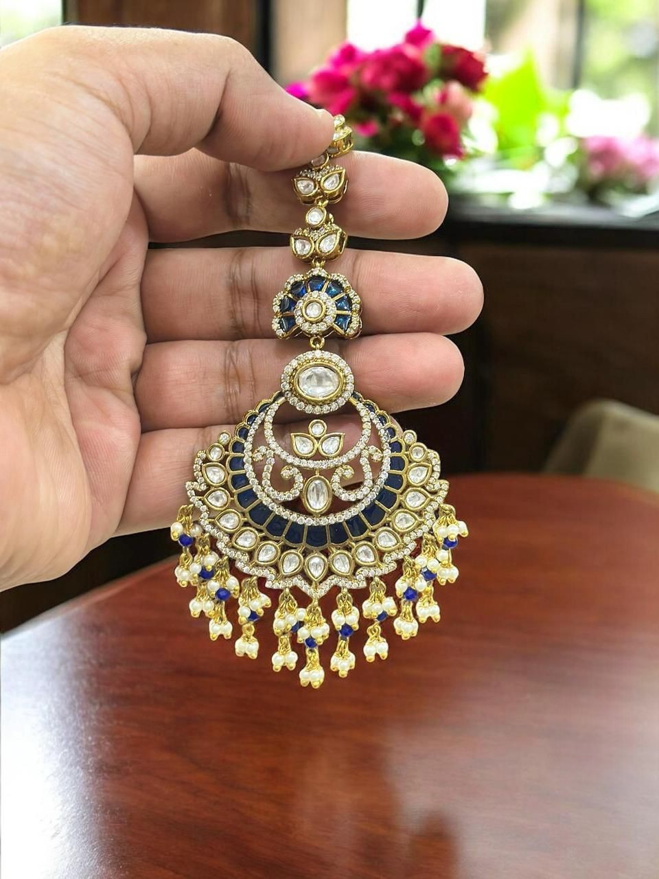 Royal Blue & Gold Plated Kundan Maang Tikka with Pearls | Bridal & Festive Hair Jewelry