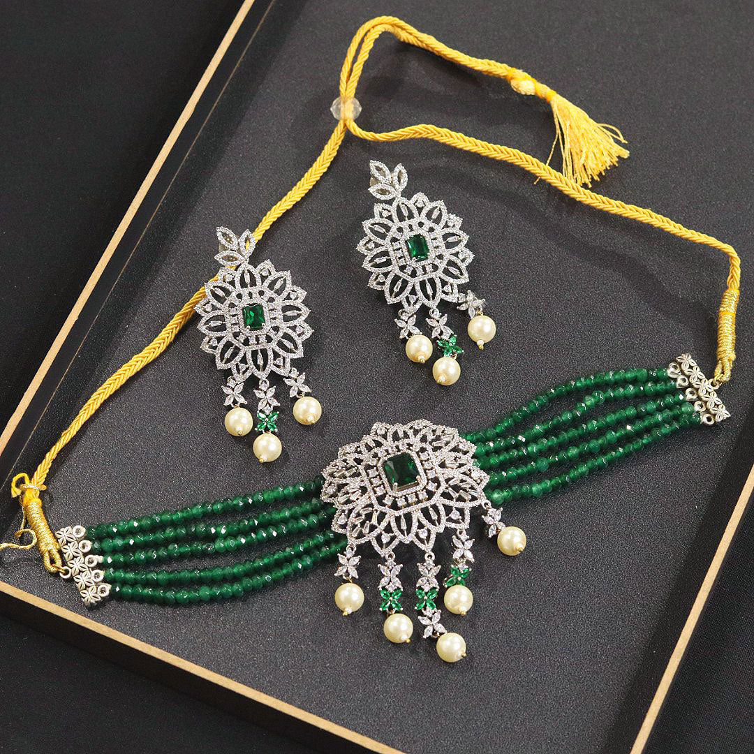 Pakistani Jewelry Inspired CZ Necklace Earrings AD Design for Weddings Engagements Special Occasions