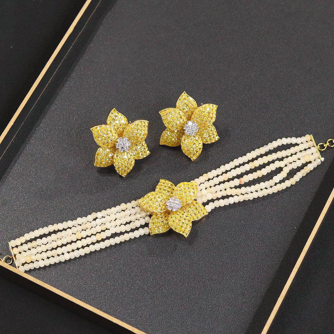 Bollywood Style Flower Shape American Diamond Choker Set with Necklace and Earrings for Bridal Wedding Engagement Occasions