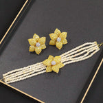 Bollywood Style Flower Shape American Diamond Choker Set with Necklace and Earrings for Bridal Wedding Engagement Occasions
