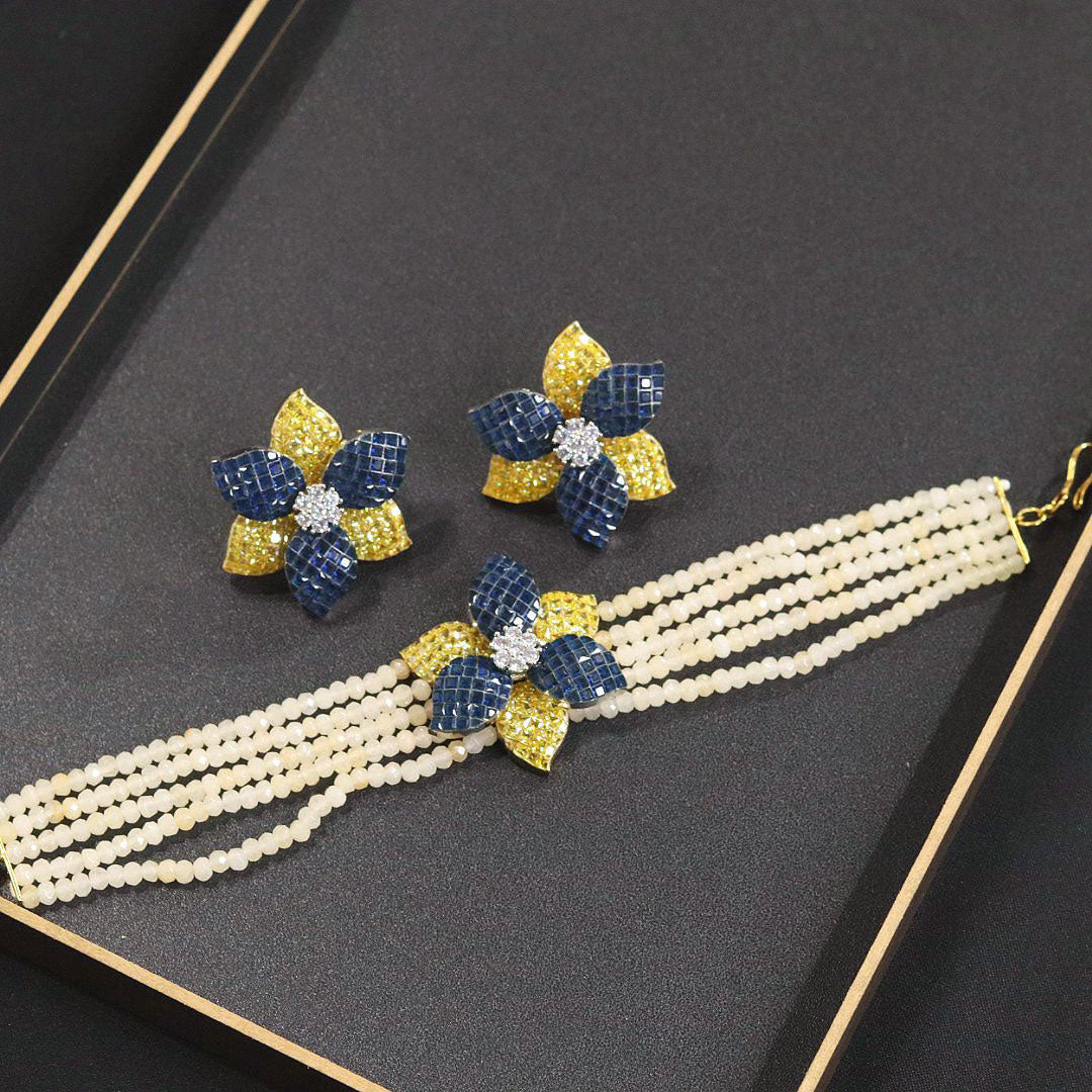 Bollywood Style Flower Shape American Diamond Choker Set with Necklace and Earrings for Bridal Wedding Engagement Occasions