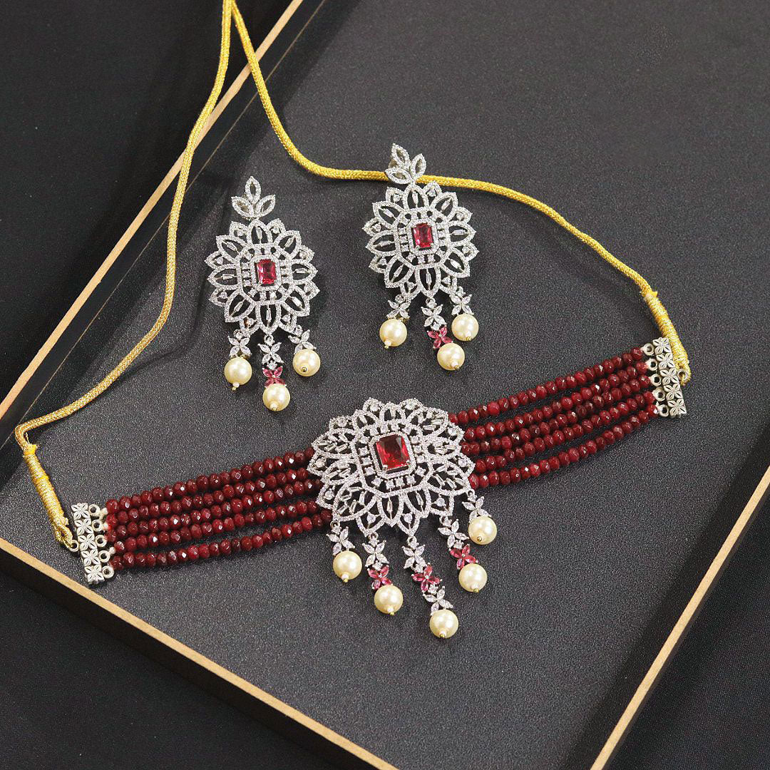 Beautiful Premium Luxury Handmade AD Necklace Earrings Choker Set with CZ Stones for Bridal and Elegant Weddings