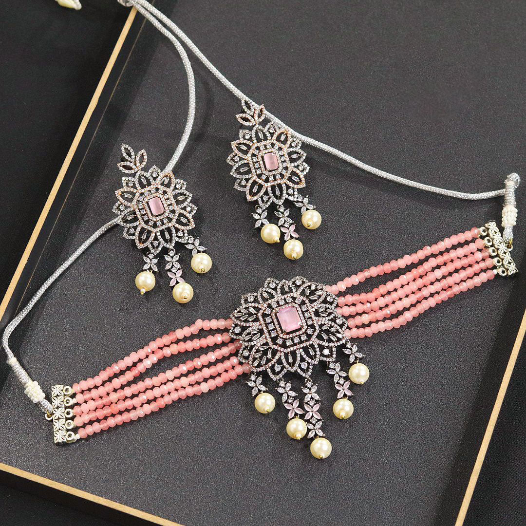 Beautiful Premium Luxury Handmade AD Necklace Earrings Choker Set with CZ Stones for Bridal and Elegant Weddings