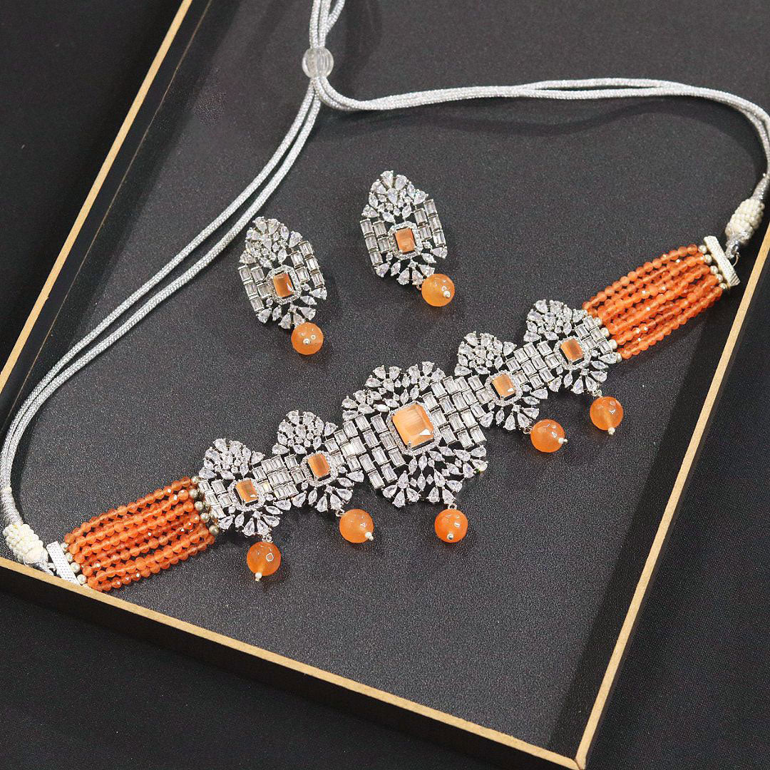 American Diamond Necklace Earrings CZ Jewelry Set for Bollywood-Inspired Bridal and Elegant Wedding Looks. 