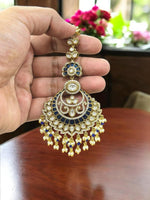 Royal Blue & Gold Plated Kundan Maang Tikka with Pearls | Bridal & Festive Hair Jewelry