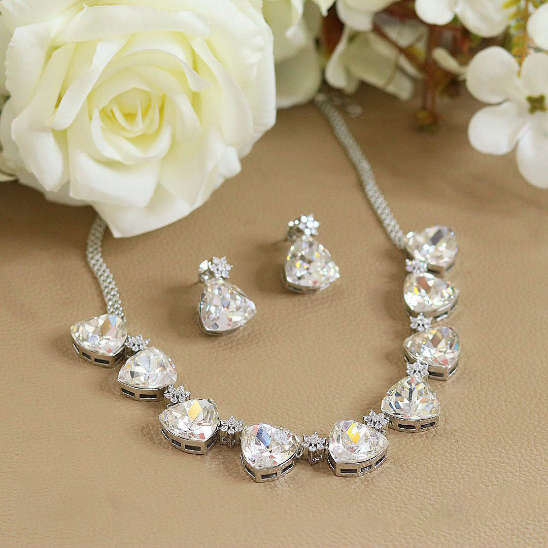 Trilliant Shape Bridal Engagement Necklace Earrings Set Exclusive for High Class Occasions For Women