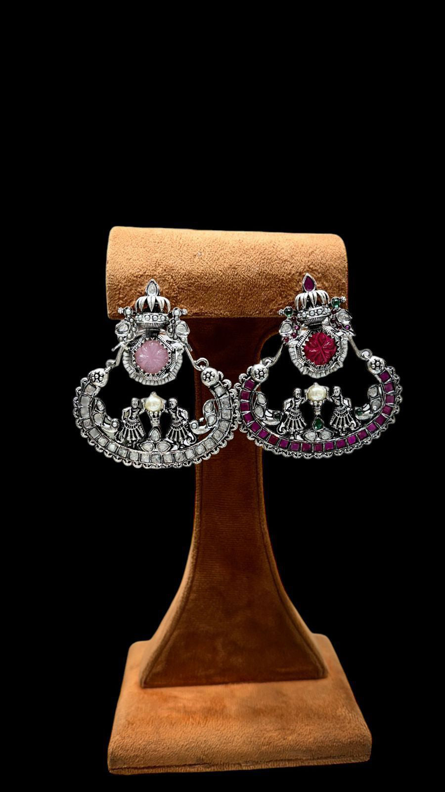 Tribal Inspired Indian Ethnic Earrings Curved Design With Detailed Stonework Stunning Traditional Design For Bridal