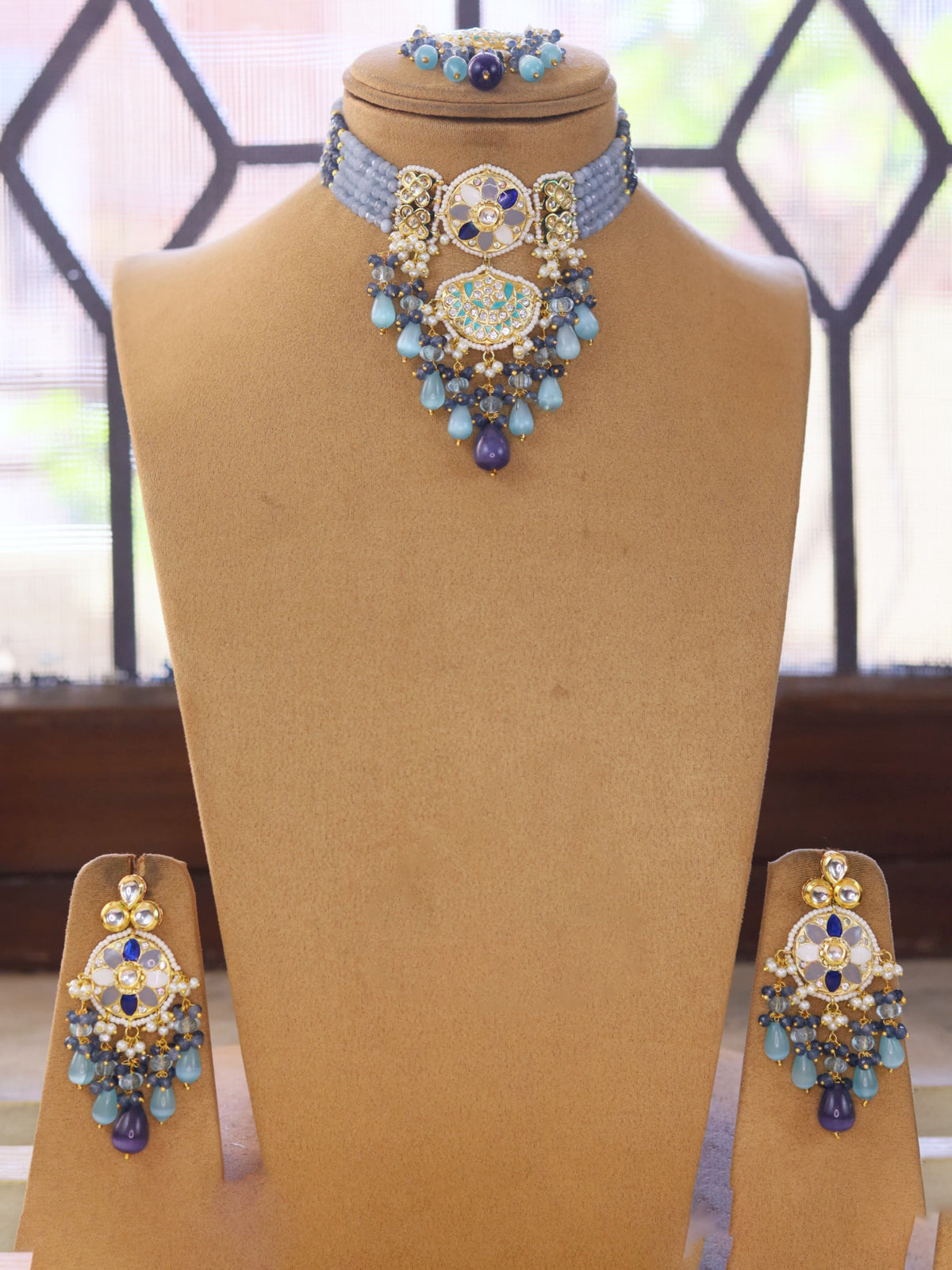 Maangtika Necklace Set with Pearl Drops And Gemstone Studded Earrings Perfect For Bridal Ethnic Jewelry Collections