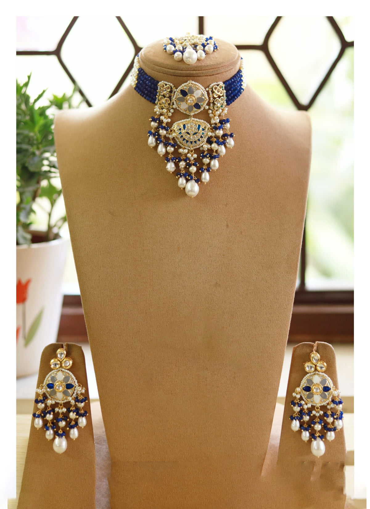 Maangtika Necklace Set with Pearl Drops And Gemstone Studded Earrings Perfect For Bridal Ethnic Jewelry Collections