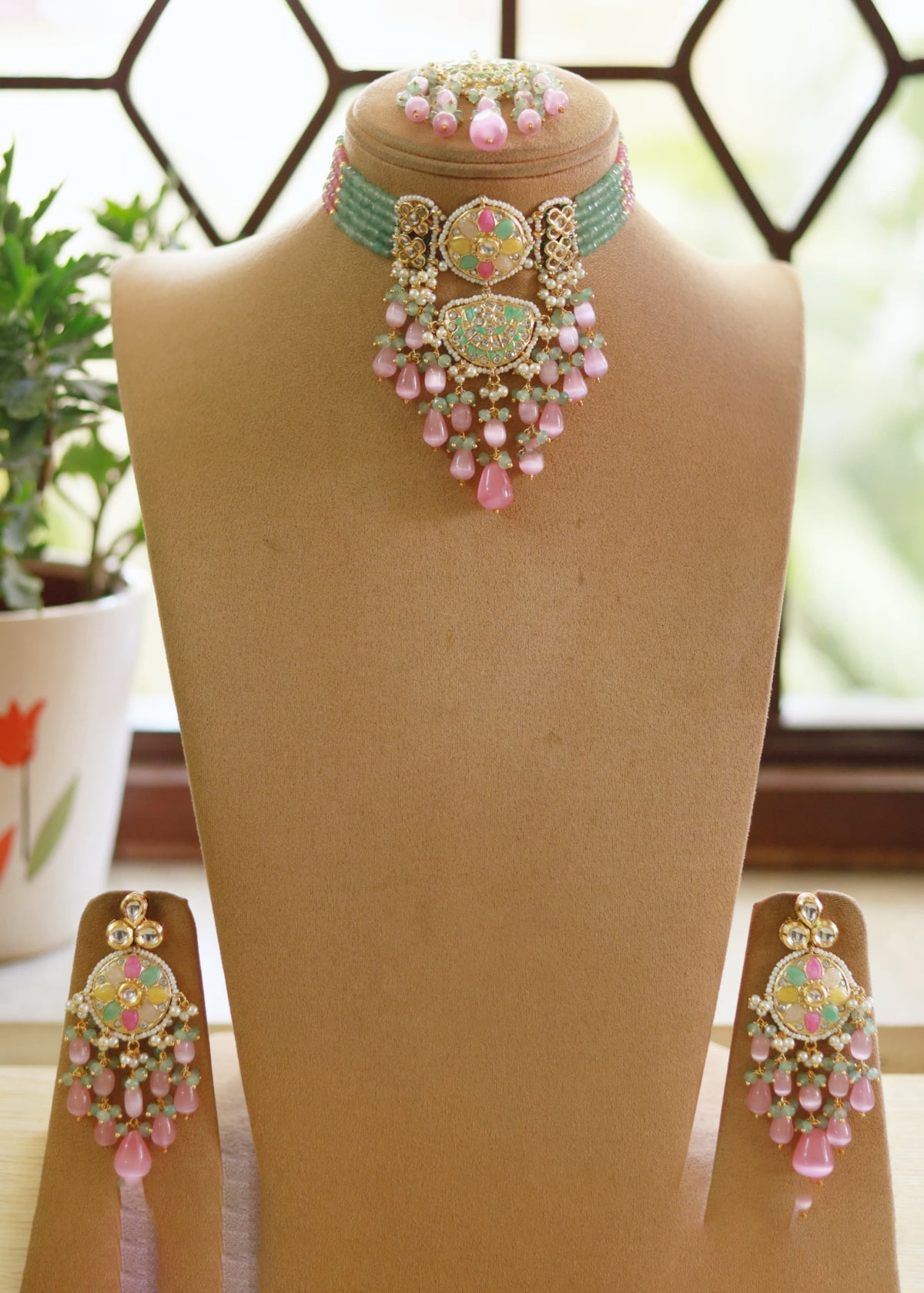 Maangtika Necklace Set with Pearl Drops And Gemstone Studded Earrings Perfect For Bridal Ethnic Jewelry Collections