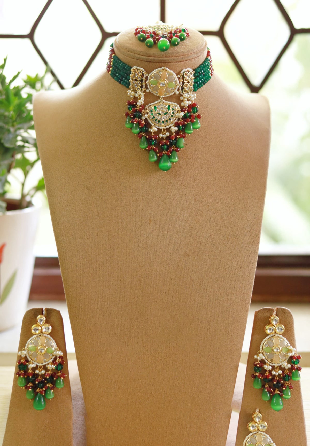 Maangtika Necklace Set with Pearl Drops And Gemstone Studded Earrings Perfect For Bridal Ethnic Jewelry Collections