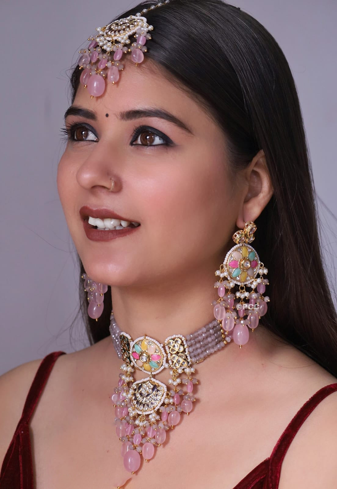 Maangtika Necklace Set with Pearl Drops And Gemstone Studded Earrings Perfect For Bridal Ethnic Jewelry Collections