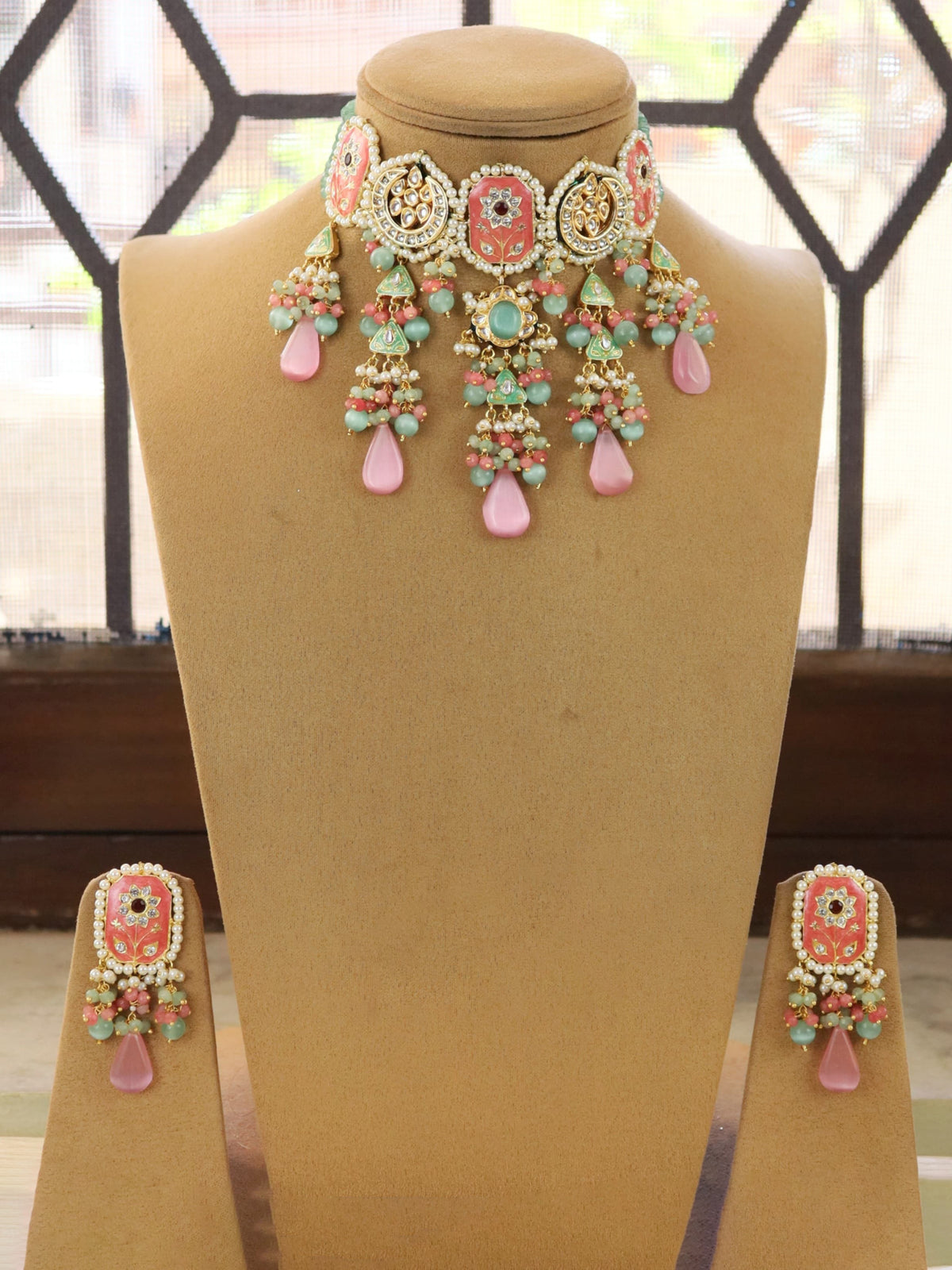 Handcrafted Indian bridal Necklace and earrings perfect for traditional wedding lookswith kundan