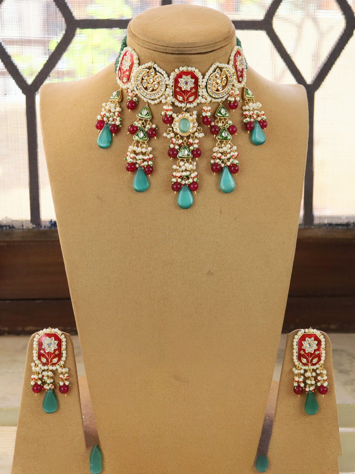 Handcrafted Indian bridal Necklace and earrings perfect for traditional wedding lookswith kundan