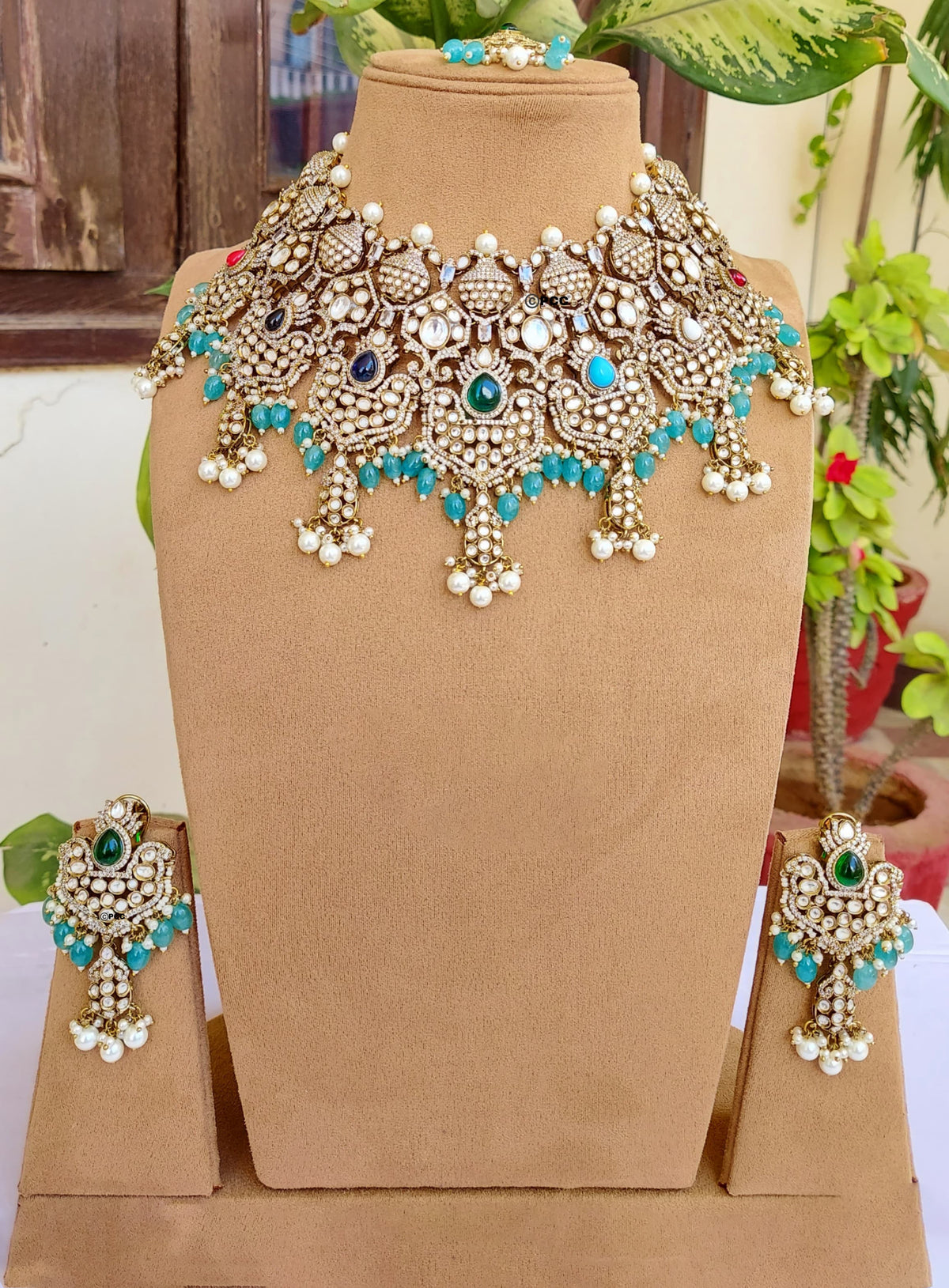 Traditional American Diamond Necklace Earrings Jewelry with maangtika PerfectCultural Inspired Design For Bridal