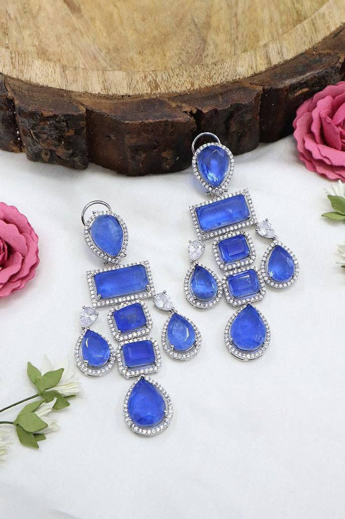 Chandelier Style Teardrops Stone Shape Earrings Of Cobalt Blue With Craftsmanship For Luxurious and Ornate Look.