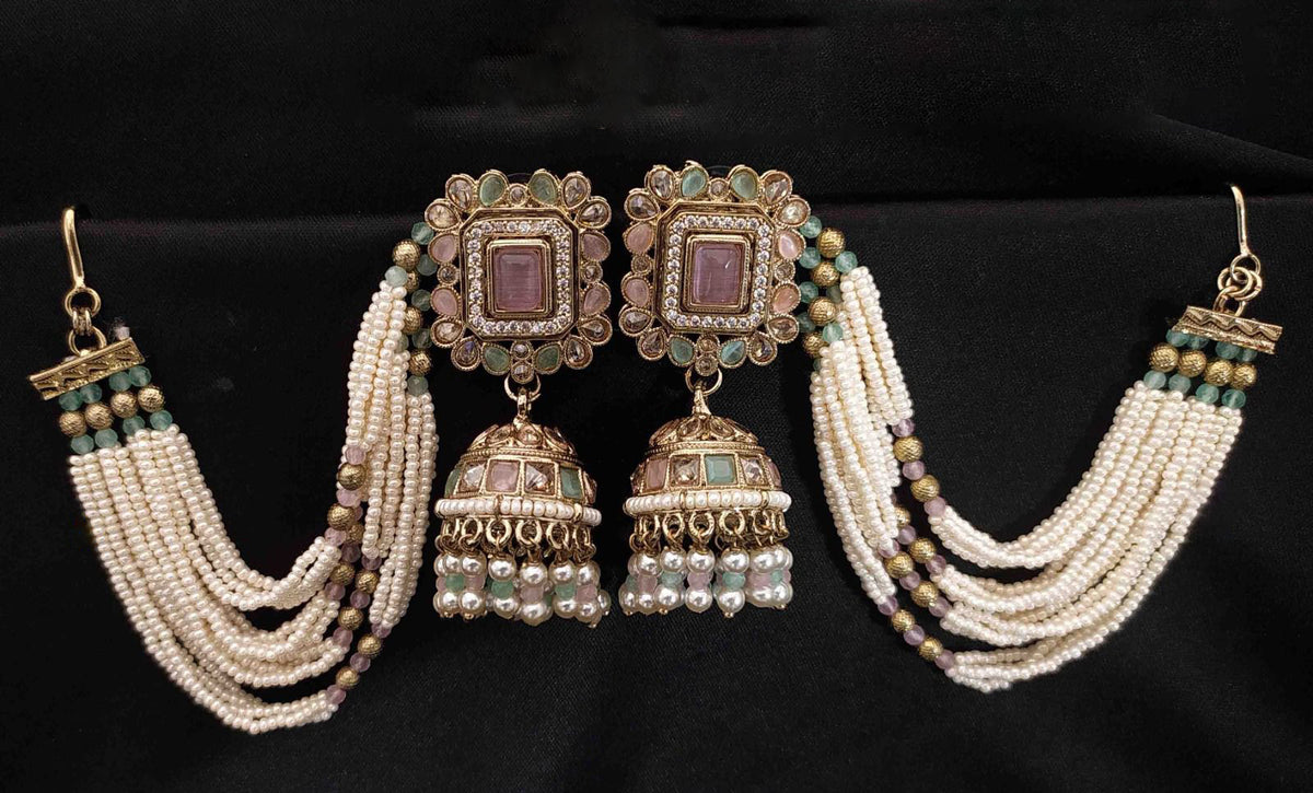 Gold Jhumka Ethnic Earrings with Pearl Beads Square Stones Layered Design Indian Traditional For Bridal Engagement